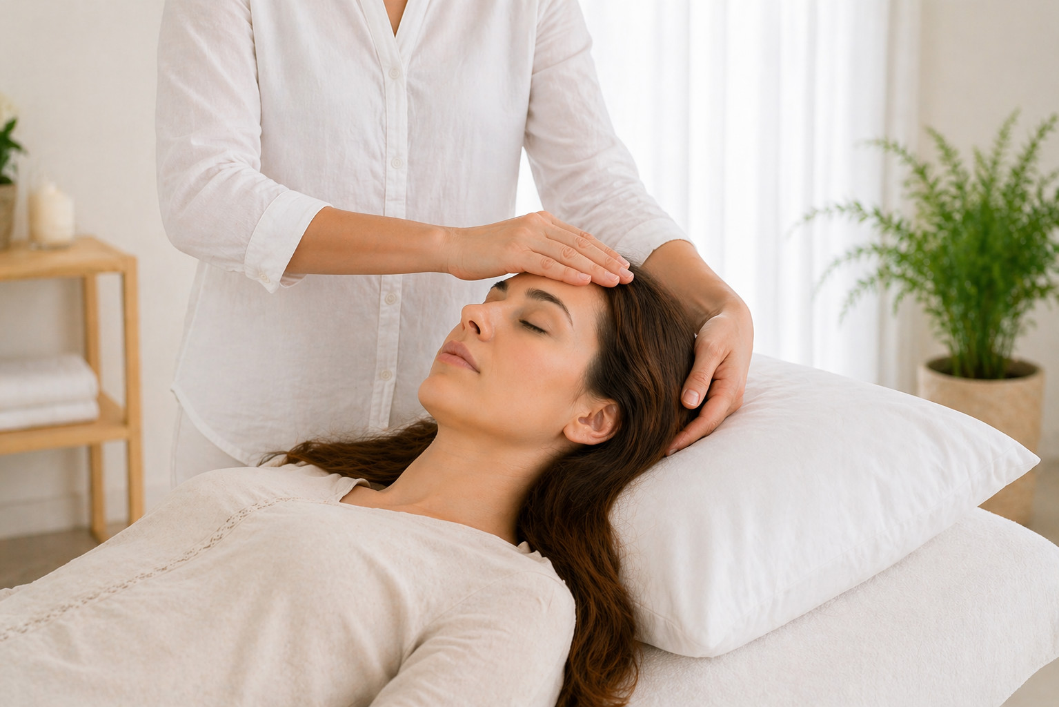 Stress release stresszoldó kezelés. A kliens a kezelő ágyon fekszik kényelmesen.