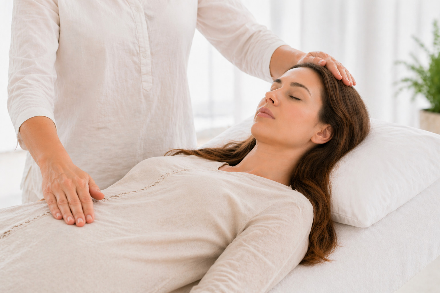 LEAP kineziológiai kezelésen a kliens az ágyon fekszik, ruhában.